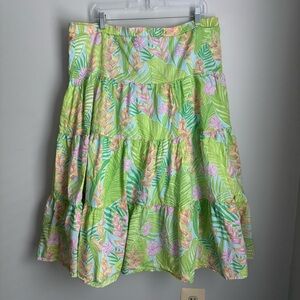 Vtg LILLY PULITZER Green Pink Floral Tropical Ruffled Tiered Midi Skirt size L